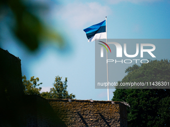 An Estonian flag is seen flying at the Narva Castle in Narva, Estonia on 24 July, 2024. Estonian authorities have closed the bridge that con...