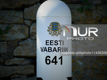 A border sign gifted by Finland is seen in Narva, Estonia on 24 July, 2024. Estonian authorities have closed the bridge that connects Russia...