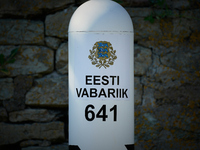 A border sign gifted by Finland is seen in Narva, Estonia on 24 July, 2024. Estonian authorities have closed the bridge that connects Russia...