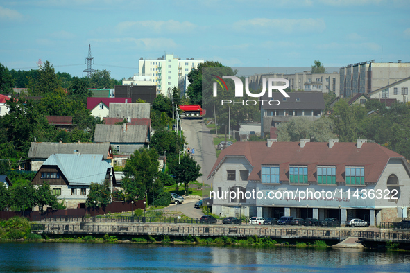 A building with a banner reading ''Happy holidays, Ivangorod'' is seen in Ivangorod, Russia accross the Narva River in Narva, Estonia on 24...