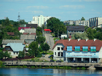 A building with a banner reading ''Happy holidays, Ivangorod'' is seen in Ivangorod, Russia accross the Narva River in Narva, Estonia on 24...