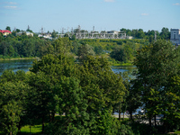 A transformer station with power lines is seen in Ivangorod, Russia accross the Narva River in Narva, Estonia on 24 July, 2024. Estonian aut...