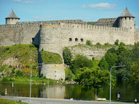 The Ivangorod Fortress is seen across the Narva River in Narva, Estonia on 24 July, 2024. Estonian authorities have closed the bridge that c...