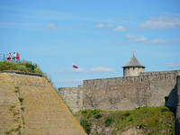 A Russian flag flies on the Ivangorod Frotress as seen from the Narva Castle in Narva, Estonia on 24 July, 2024. Estonian authorities have c...