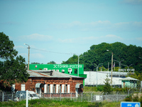 A building with the words ''Estonia-Russia'' in Cyrillic letters is seen in Ivangorod, Russia on 24 July, 2024. Estonian authorities have cl...