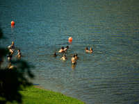 People are seen in the Narva River in Narva, Estonia on 24 July, 2024. Estonian authorities have closed the bridge that connects Russia and...