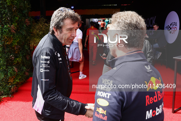 Bruno Famin and Christian Horner before first practice ahead of the Formula 1 Belgian Grand Prix at Spa-Francorchamps in Spa, Belgium on Jul...