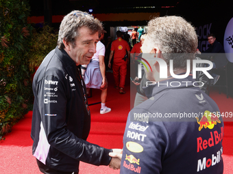 Bruno Famin and Christian Horner before first practice ahead of the Formula 1 Belgian Grand Prix at Spa-Francorchamps in Spa, Belgium on Jul...