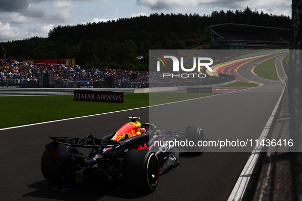 Sergio Perez of Red Bull Racing during first practice ahead of the Formula 1 Belgian Grand Prix at Spa-Francorchamps in Spa, Belgium on July...