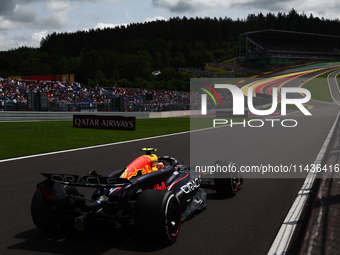 Sergio Perez of Red Bull Racing during first practice ahead of the Formula 1 Belgian Grand Prix at Spa-Francorchamps in Spa, Belgium on July...