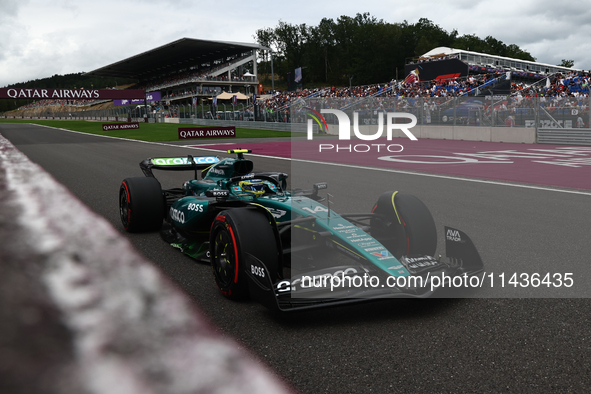 Fernando Alonso of Aston Martin Aramco during first practice ahead of the Formula 1 Belgian Grand Prix at Spa-Francorchamps in Spa, Belgium...