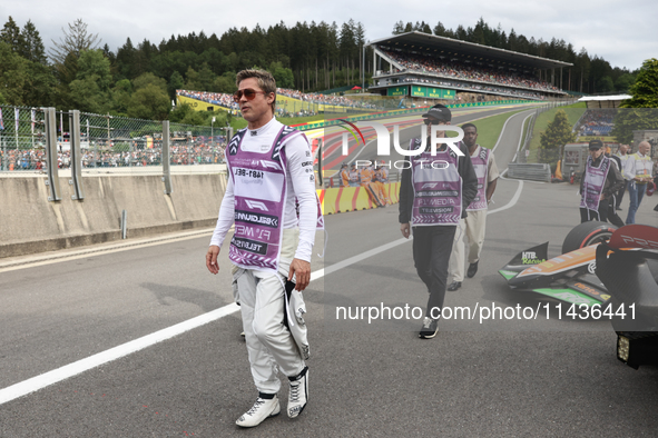 Brad Pitt during second practice ahead of the Formula 1 Belgian Grand Prix at Spa-Francorchamps in Spa, Belgium on July 26, 2024. 