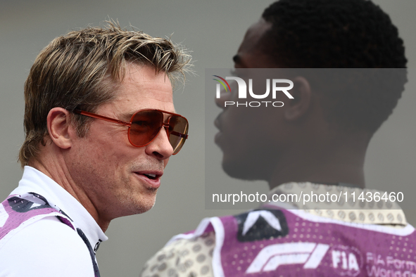 Brad Pitt and Damson Idris during second practice ahead of the Formula 1 Belgian Grand Prix at Spa-Francorchamps in Spa, Belgium on July 26,...