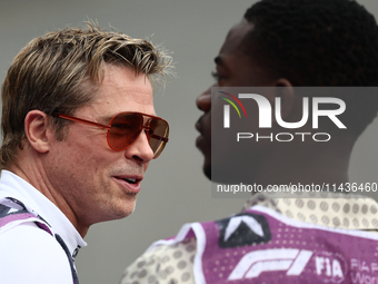 Brad Pitt and Damson Idris during second practice ahead of the Formula 1 Belgian Grand Prix at Spa-Francorchamps in Spa, Belgium on July 26,...