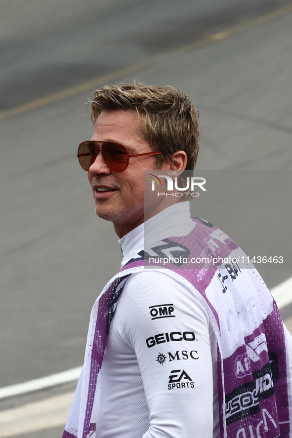 Brad Pitt during second practice ahead of the Formula 1 Belgian Grand Prix at Spa-Francorchamps in Spa, Belgium on July 26, 2024. 