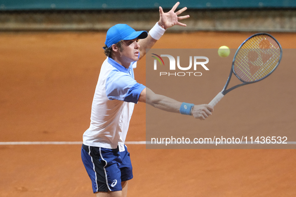 Vilius Gaubas from Lithuania is in action during the Internazionali di Verona - ATP Challenger 100 tennis tournament at Sports Club Verona i...