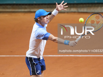 Vilius Gaubas from Lithuania is in action during the Internazionali di Verona - ATP Challenger 100 tennis tournament at Sports Club Verona i...