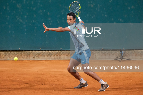 Hugo Dellien from Bolivia is in action during the Internazionali di Verona - ATP Challenger 100 tennis tournament at Sports Club Verona in V...