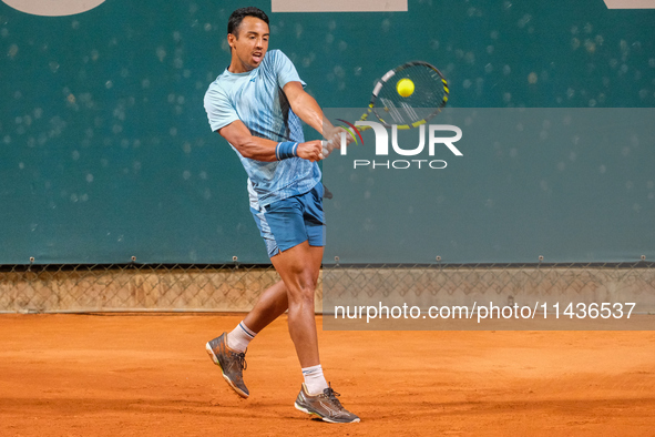 Hugo Dellien from Bolivia is in action during the Internazionali di Verona - ATP Challenger 100 tennis tournament at Sports Club Verona in V...