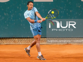 Hugo Dellien from Bolivia is in action during the Internazionali di Verona - ATP Challenger 100 tennis tournament at Sports Club Verona in V...