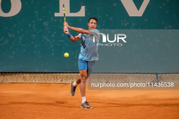 Hugo Dellien from Bolivia is in action during the Internazionali di Verona - ATP Challenger 100 tennis tournament at Sports Club Verona in V...