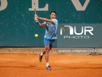 Hugo Dellien from Bolivia is in action during the Internazionali di Verona - ATP Challenger 100 tennis tournament at Sports Club Verona in V...