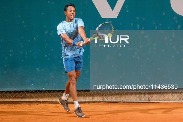 Hugo Dellien from Bolivia is in action during the Internazionali di Verona - ATP Challenger 100 tennis tournament at Sports Club Verona in V...