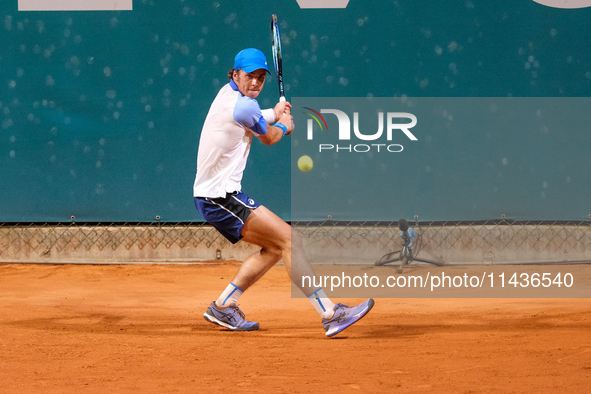 Vilius Gaubas from Lithuania is in action during the Internazionali di Verona - ATP Challenger 100 tennis tournament at Sports Club Verona i...