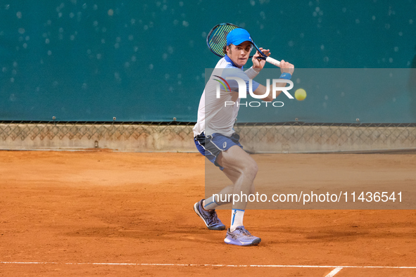 Vilius Gaubas from Lithuania is in action during the Internazionali di Verona - ATP Challenger 100 tennis tournament at Sports Club Verona i...