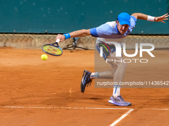 Vilius Gaubas from Lithuania is in action during the Internazionali di Verona - ATP Challenger 100 tennis tournament at Sports Club Verona i...