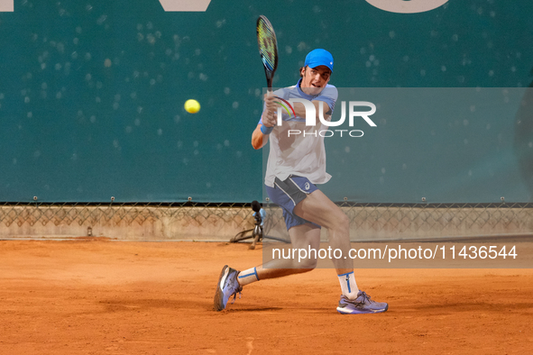 Vilius Gaubas from Lithuania is in action during the Internazionali di Verona - ATP Challenger 100 tennis tournament at Sports Club Verona i...