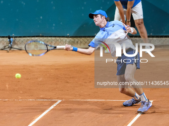 Vilius Gaubas from Lithuania is in action during the Internazionali di Verona - ATP Challenger 100 tennis tournament at Sports Club Verona i...