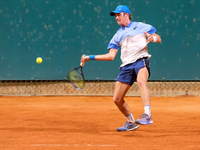 Vilius Gaubas from Lithuania is in action during the Internazionali di Verona - ATP Challenger 100 tennis tournament at Sports Club Verona i...