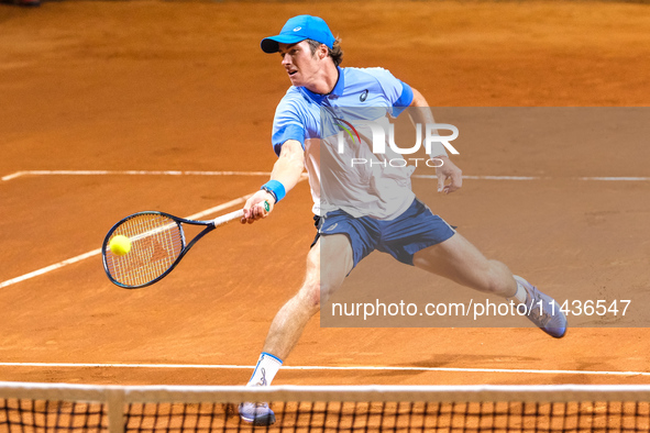 Vilius Gaubas from Lithuania is in action during the Internazionali di Verona - ATP Challenger 100 tennis tournament at Sports Club Verona i...