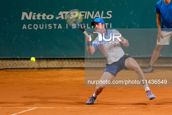 Vilius Gaubas from Lithuania is in action during the Internazionali di Verona - ATP Challenger 100 tennis tournament at Sports Club Verona i...