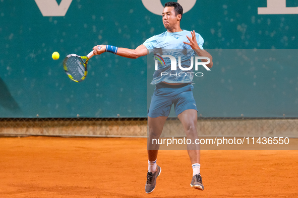 Hugo Dellien from Bolivia is in action during the Internazionali di Verona - ATP Challenger 100 tennis tournament at Sports Club Verona in V...