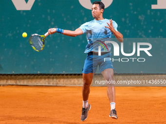 Hugo Dellien from Bolivia is in action during the Internazionali di Verona - ATP Challenger 100 tennis tournament at Sports Club Verona in V...