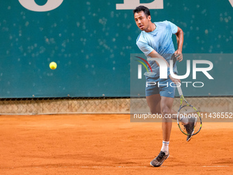 Hugo Dellien from Bolivia is in action during the Internazionali di Verona - ATP Challenger 100 tennis tournament at Sports Club Verona in V...