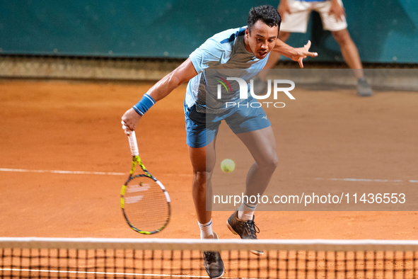 Hugo Dellien from Bolivia is in action during the Internazionali di Verona - ATP Challenger 100 tennis tournament at Sports Club Verona in V...