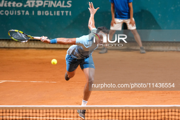 Hugo Dellien from Bolivia is in action during the Internazionali di Verona - ATP Challenger 100 tennis tournament at Sports Club Verona in V...