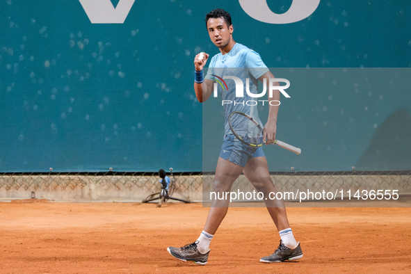 Hugo Dellien from Bolivia is celebrating after scoring a point during the Internazionali di Verona - ATP Challenger 100 tennis tournament at...