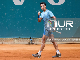 Hugo Dellien from Bolivia is celebrating after scoring a point during the Internazionali di Verona - ATP Challenger 100 tennis tournament at...