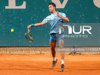 Hugo Dellien from Bolivia is in action during the Internazionali di Verona - ATP Challenger 100 tennis tournament at Sports Club Verona in V...