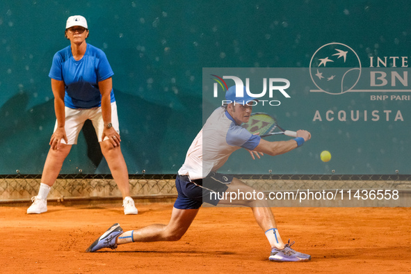 Vilius Gaubas from Lithuania is in action during the Internazionali di Verona - ATP Challenger 100 tennis tournament at Sports Club Verona i...