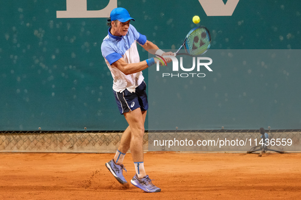 Vilius Gaubas from Lithuania is in action during the Internazionali di Verona - ATP Challenger 100 tennis tournament at Sports Club Verona i...