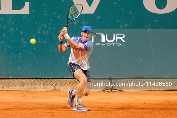 Vilius Gaubas from Lithuania is in action during the Internazionali di Verona - ATP Challenger 100 tennis tournament at Sports Club Verona i...