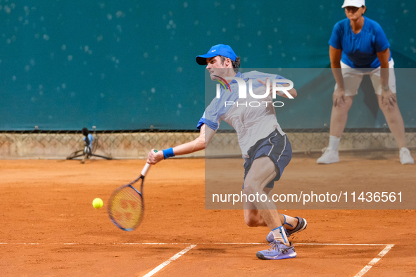 Vilius Gaubas from Lithuania is in action during the Internazionali di Verona - ATP Challenger 100 tennis tournament at Sports Club Verona i...