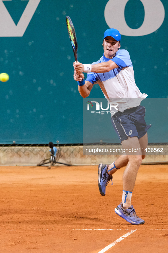 Vilius Gaubas from Lithuania is in action during the Internazionali di Verona - ATP Challenger 100 tennis tournament at Sports Club Verona i...