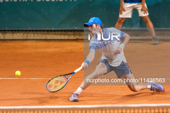 Vilius Gaubas from Lithuania is in action during the Internazionali di Verona - ATP Challenger 100 tennis tournament at Sports Club Verona i...