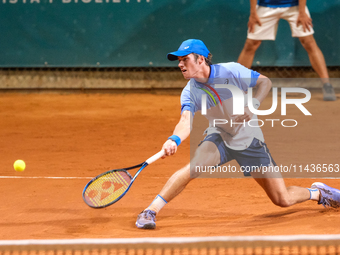 Vilius Gaubas from Lithuania is in action during the Internazionali di Verona - ATP Challenger 100 tennis tournament at Sports Club Verona i...